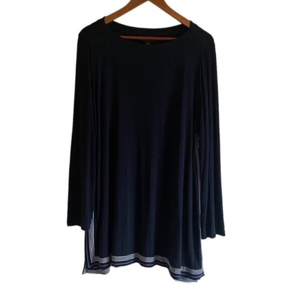 J Jill Wearever Collection Tunic Large Black White Piping Long Sleeve Lagenlook - Picture 1 of 16
